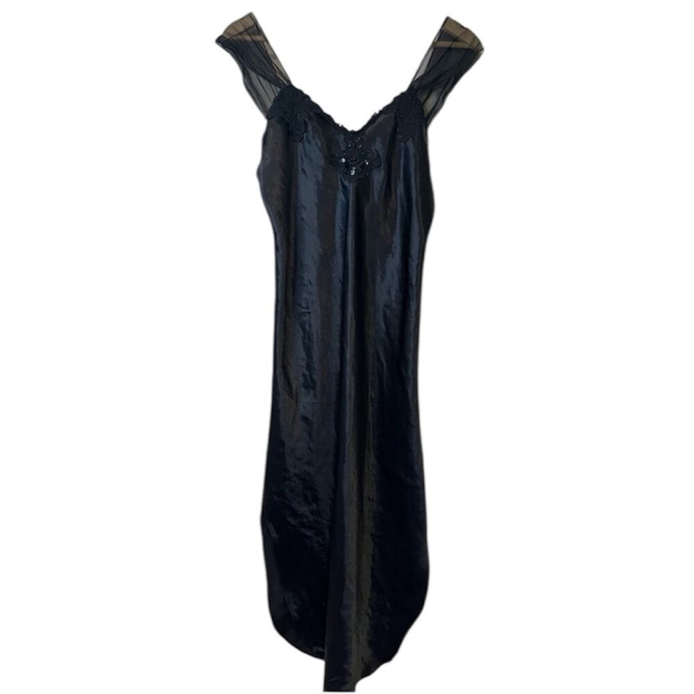 Vintage Dentelle Black Beaded Satin Slip Dress Medium